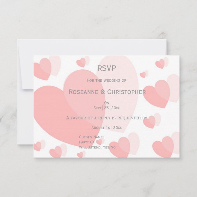 Pink Coloured Hearts Design Wedding RSVP Card (Front)