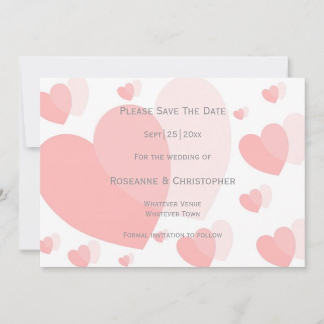 Pink Coloured Hearts Design Wedding Save The Date (Front)