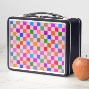 Pink Colourful Chequered Pattern Metal Lunch Box
