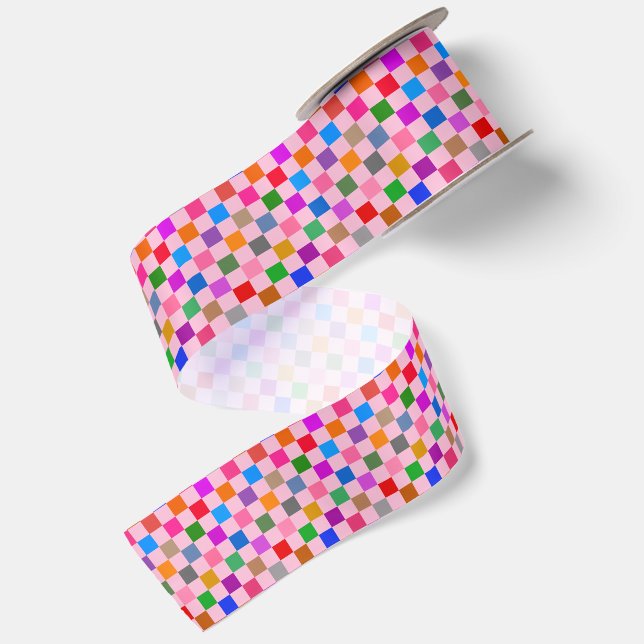 Pink Colourful Chequered Pattern  Satin Ribbon (Front+Back)