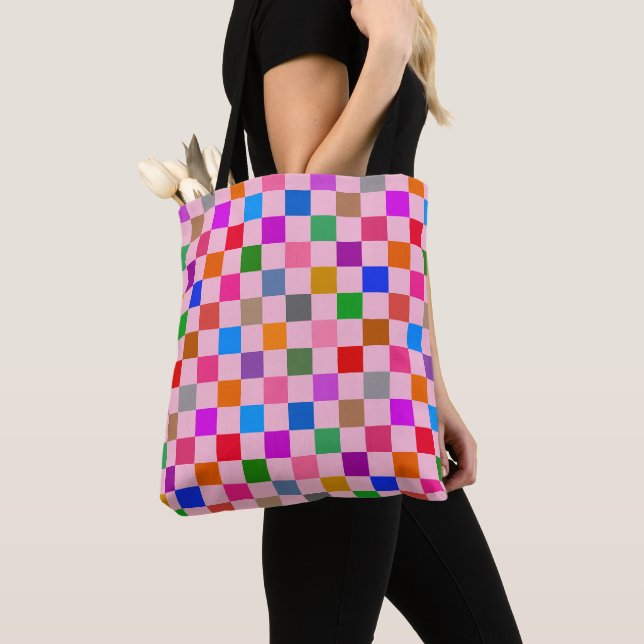 Pink Colourful Chequered Pattern  Tote Bag (Close Up)