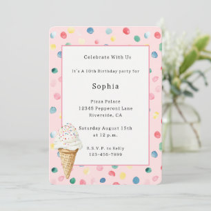 Pink Colourful Confetti Ice Cream Cone Birthday Invitation