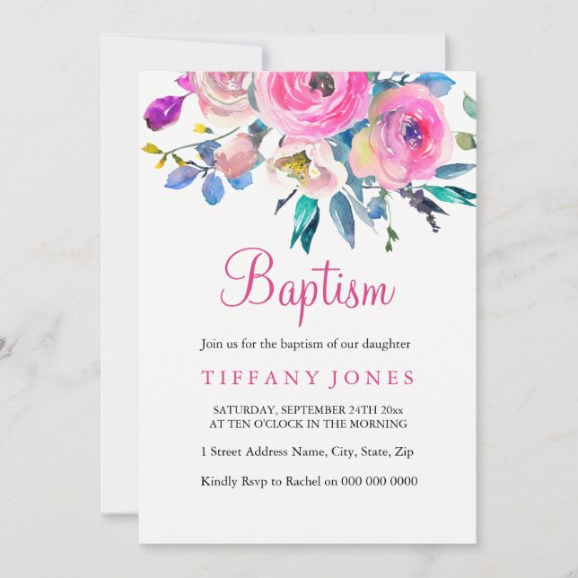 Pink Colourful Floral Baptism Christening invite (Front)