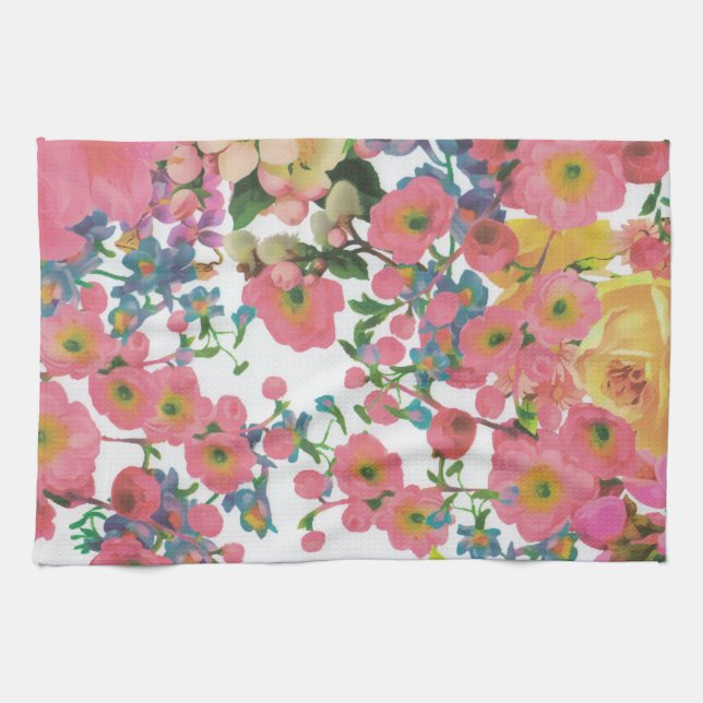 Pink colourful Floral botanical Flowers  Tea Towel (Horizontal)