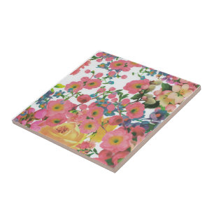 Pink colourful Floral botanical Flowers  Tile