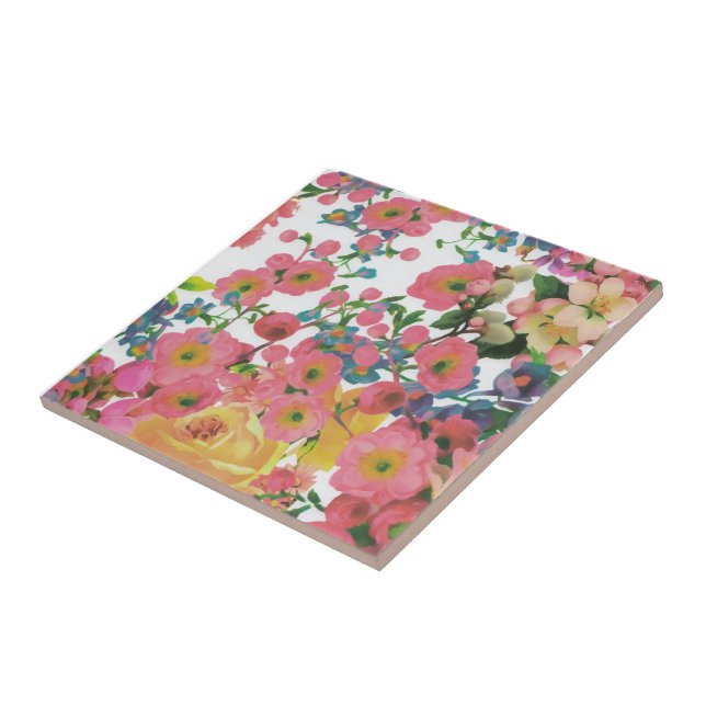 Pink colourful Floral botanical Flowers  Tile (Side)