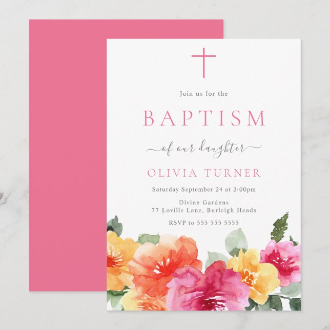 Pink Colourful Floral Watercolor Baby Girls Baptis Invitation (Front/Back)