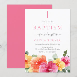 Pink Colourful Floral Watercolor Baby Girls Baptis Invitation
