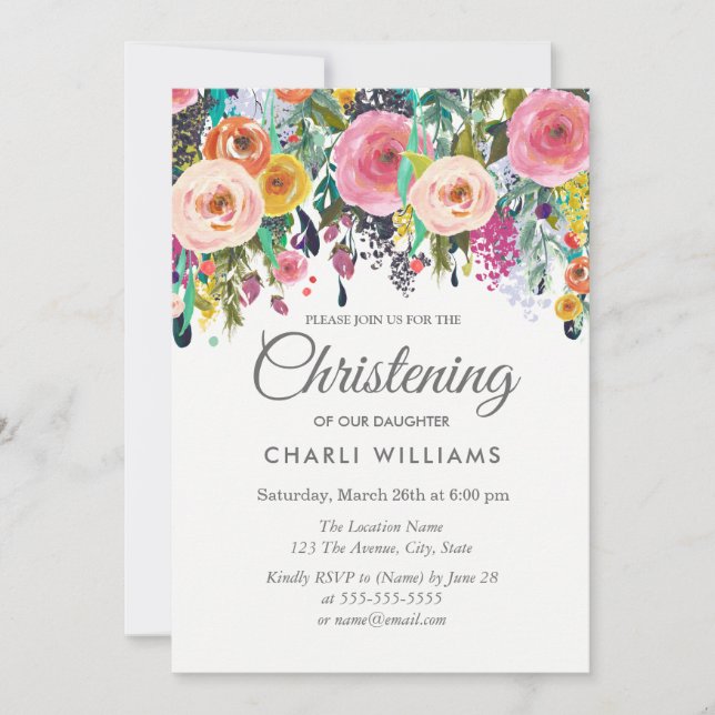 Pink Colourful Flowers Christening baptism invite (Front)