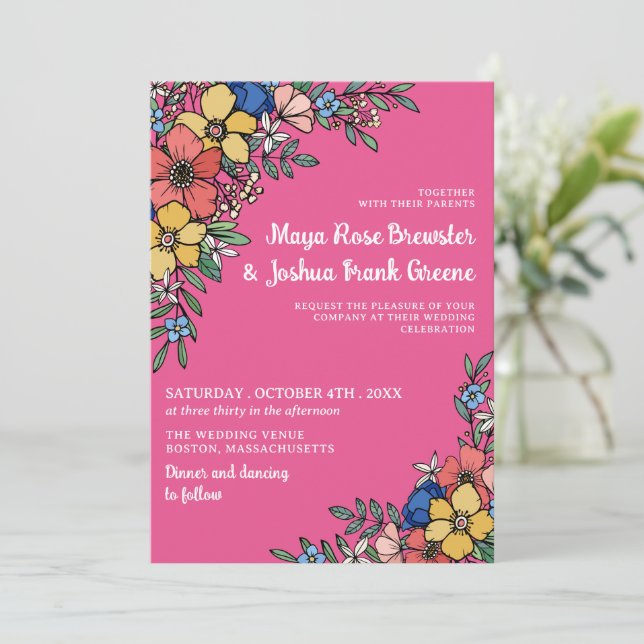 Pink Colourful Flowers Spring Summer Wedding Invitation (Standing Front)