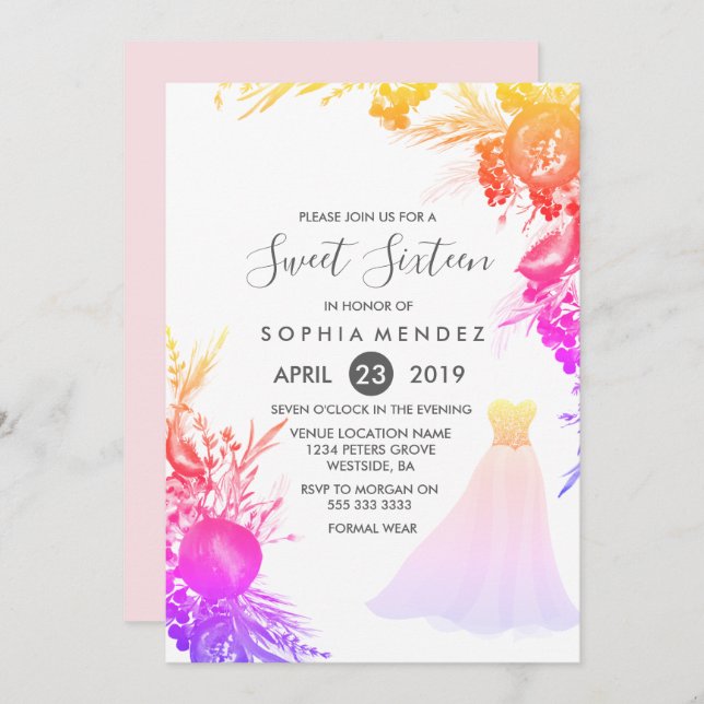 Pink Colourful Gown Floral Sweet 16 invite (Front/Back)