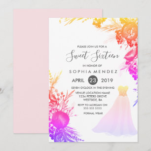 Pink Colourful Gown Floral Sweet 16 invite