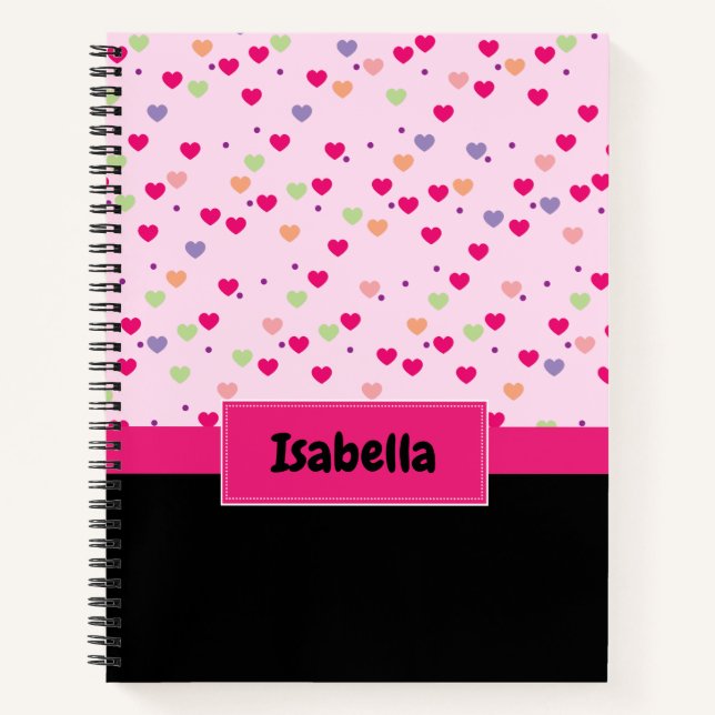 Pink Colourful Hearts Monogram Girly Notebook (Front)