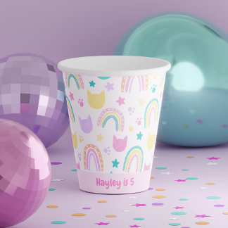 Pink Colourful Kitty Cat & Rainbow Pattern Birthda Paper Cups