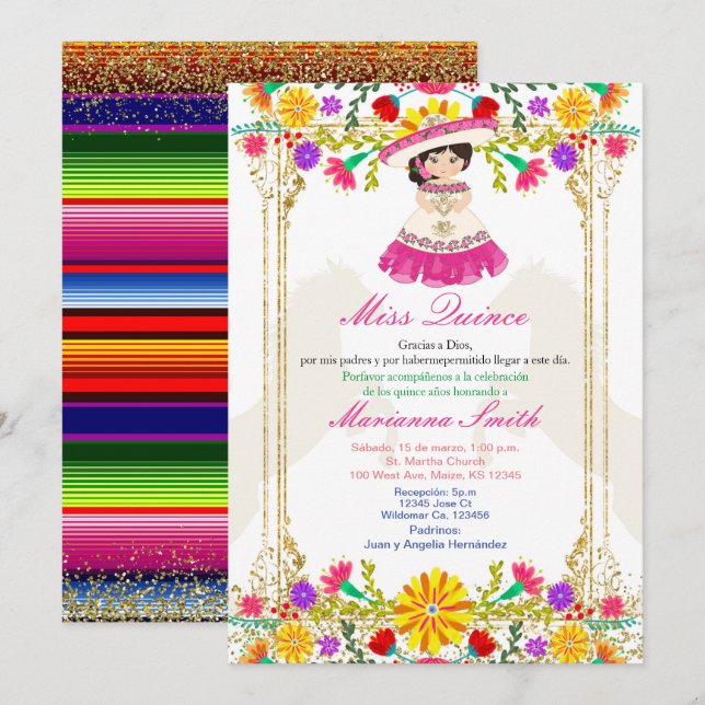 Pink Colourful Mexican Floral Quinceañera  Invitation (Front/Back)