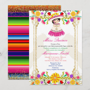 Pink Colourful Mexican Floral Quinceañera  Invitation
