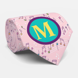 Pink colourful music note pattern musician monogra tie