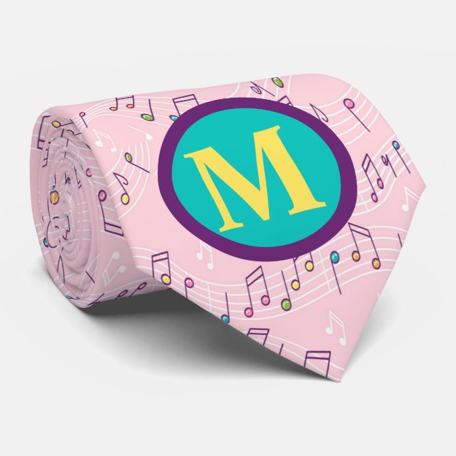Pink colourful music note pattern musician monogra tie (Rolled)