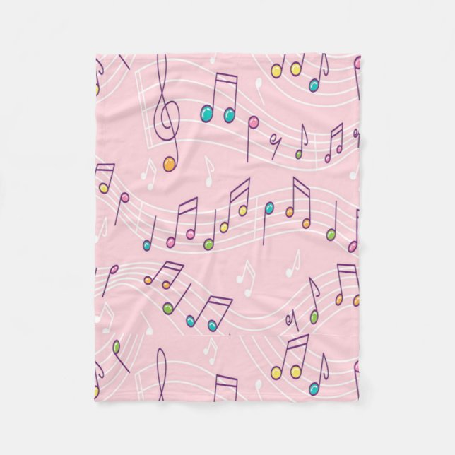 Pink colourful music note pattern musician musical fleece blanket (Front)