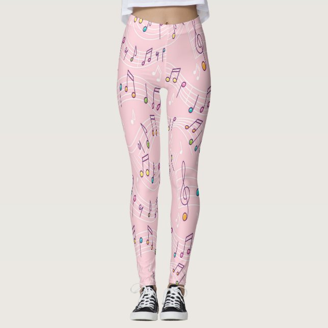 Pink colourful music note pattern musician musical leggings (Front)
