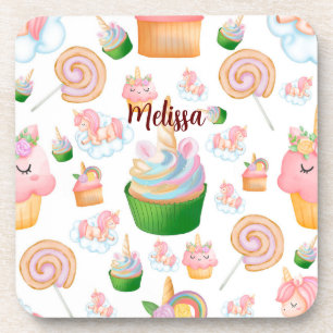 Pink Colourful Name Personalised Cupcake Unicorn Coaster