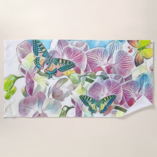 Pink colourful orchid flower butterflies watercolo beach towel