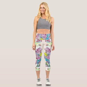 Pink colourful orchid flower butterflies watercolo capri leggings