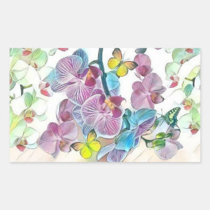 Pink colourful orchid flower butterflies watercolo rectangular sticker