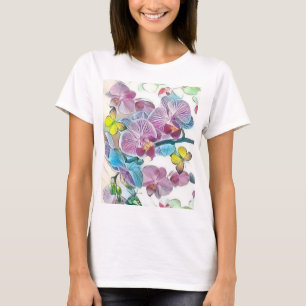 Pink colourful orchid flower butterflies watercolo T-Shirt