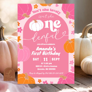 Pink Colourful Pumpkin Isn't she ONEderful birthda Invitation