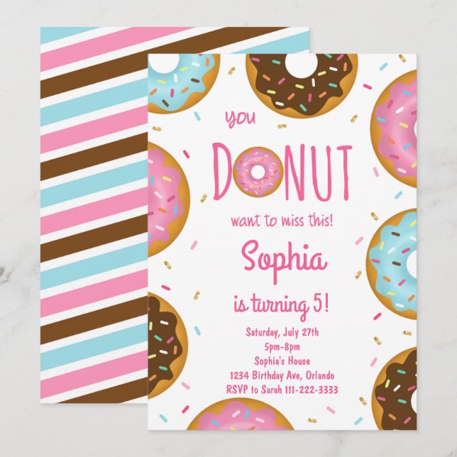 Pink Colourful Sprinkle Doughnuts Birthday Invite (Front/Back)