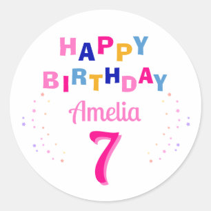  Pink Colourful Stars Girl Happy Birthday  Classic Round Sticker