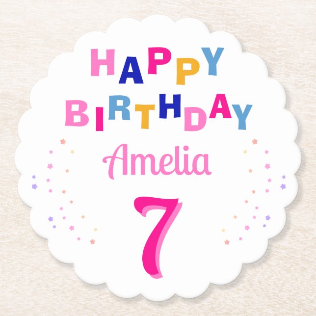  Pink Colourful Stars Girl Happy Birthday Party Paper Coaster (Front)