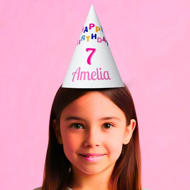  Pink Colourful Stars Girl Happy Birthday Party Party Hat (Creator Uploaded)