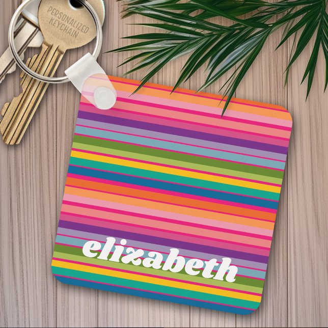Pink & Colourful Striped Pattern with Funky Name Key Ring (Personalized keychain - add a name)