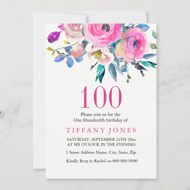 Pink Colourful Tropical Floral 100th Birthday Invitation (Front)