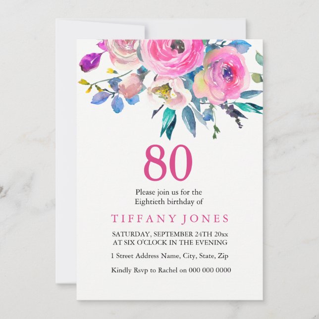 Pink Colourful Tropical Floral 80th Birthday Invit Invitation (Front)