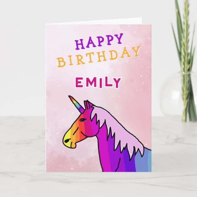 Pink Colourful Unicorn Girl Happy Birthday  Card (Front)