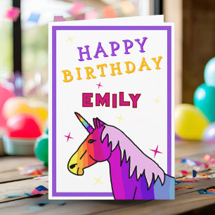Pink Colourful Unicorn Girl Happy Birthday  Card