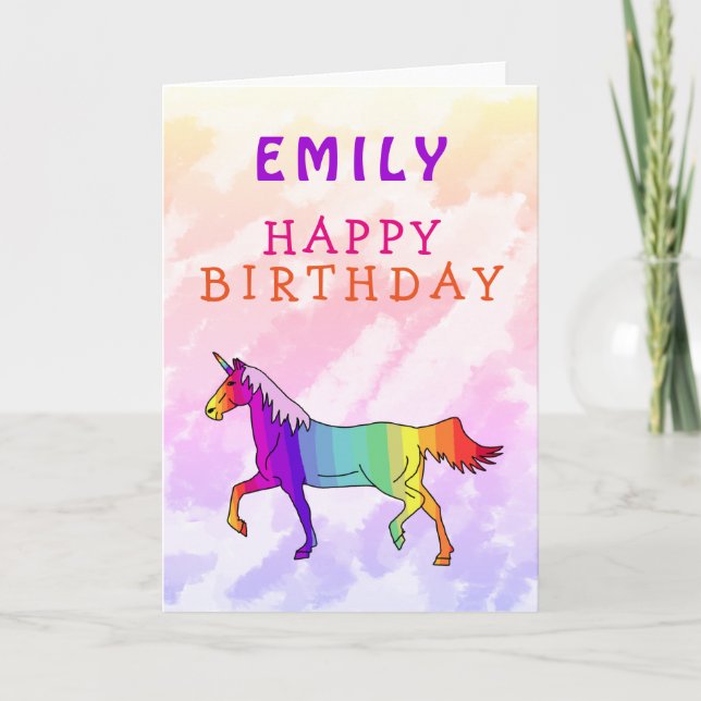 Pink Colourful Unicorn Girl Happy Birthday  Card (Front)