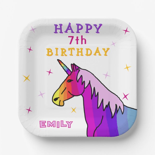 Pink Colourful Unicorn Girl Happy Birthday Party Paper Plate (Front)