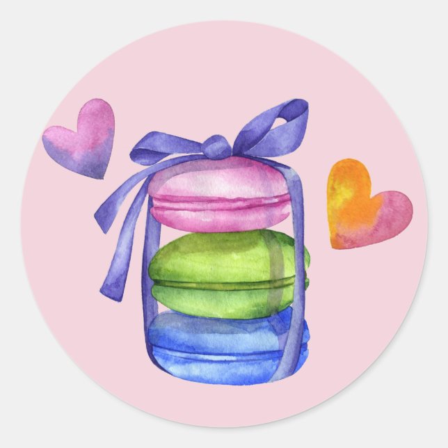 Pink Colourful Watercolor Macaron Pastry French Classic Round Sticker (Front)