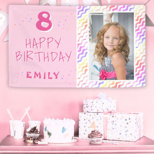Pink Colourful Wave Girly Happy Photo Birthday Banner