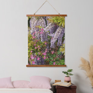 Pink Columbine and Purple Wisteria Floral Hanging Tapestry