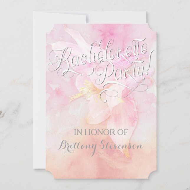PINK COLUMBINE FLOWER WATERCOLOR SPLASH WEDDING INVITATION (Front)