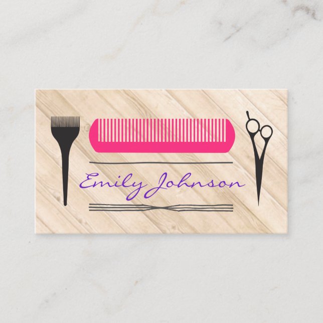 Pink Comb Salon Stylist Tools Wood Business Card (Front)