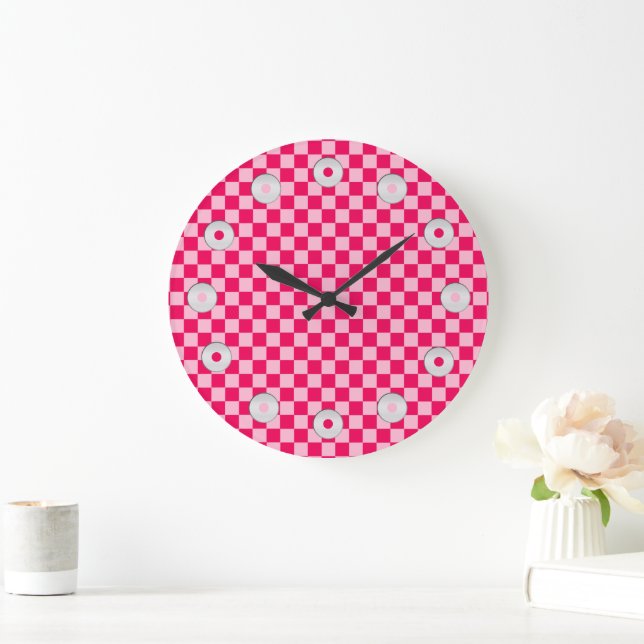 Pink Combination Classic Chequerboard by STaylor Large Clock (Home)