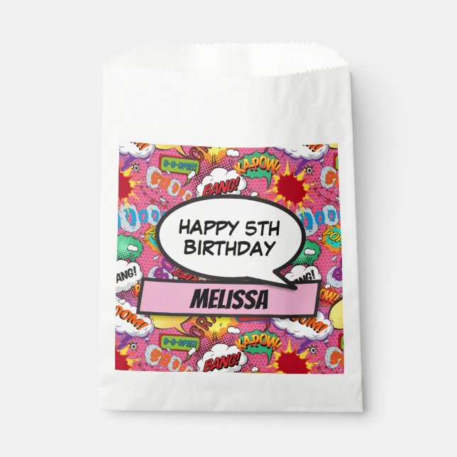 Pink Comic Book Superhero Birthday Party Favour Bags (Front)