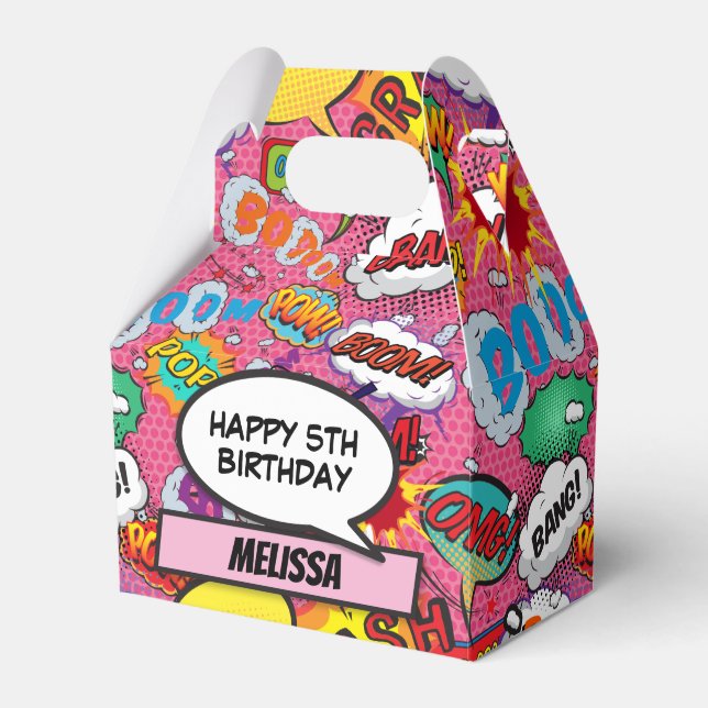 Pink Comic Book Superhero Birthday Party Favour Box (Front Side)