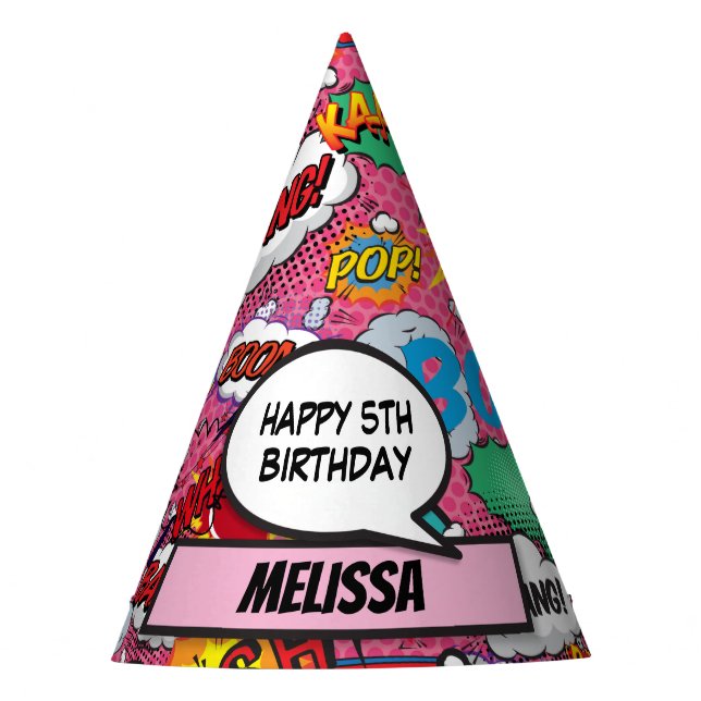 Pink Comic Book Superhero Birthday Party Hat (Front)